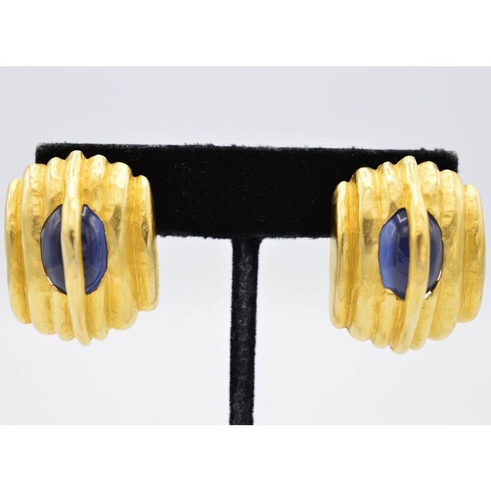Givenchy Vintage Cabochon Clip On Earrings Brushed Gold Blue Chunky Signed BinX - Picture 1 of 12